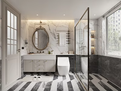 Bathroom Interior With Marble Walls Round Mirror White Toilet Glass Shower And Geometric Tiles 3d model
