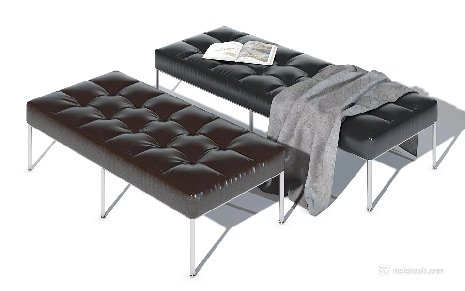 Black and Dark Brown Tufted Benches with Metal Legs Open Book and Gray Blanket 3d model 