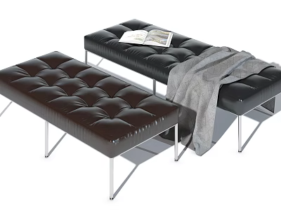 Black and Dark Brown Tufted Benches with Metal Legs Open Book and Gray Blanket 3d model