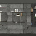 Textured Stone Background Wall With Layered Shelves Decorative Items And Soft Lighting 3d model