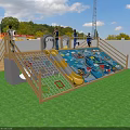 Kindergarten Outdoor Playground with Wooden Fence Green Lawn Colorful Slide Climbing Net and Kids Adults