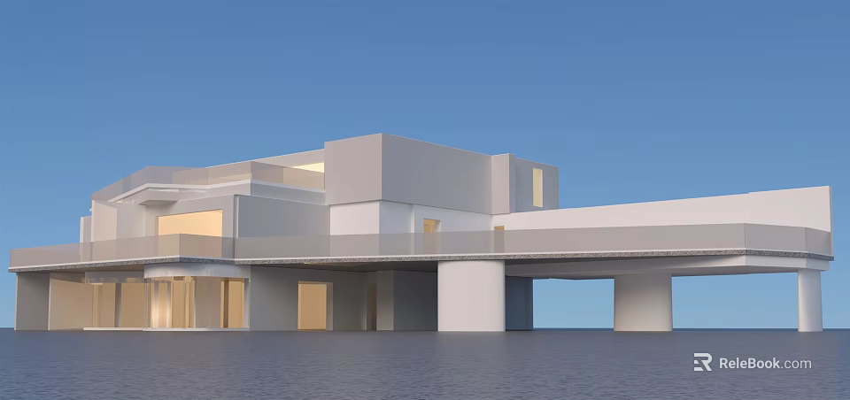 Modern Hotel Building With Waterfront Location White Exterior Glass Facade And Illuminated Design 3d model 