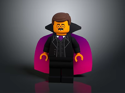 Lego Vampire Minifigure With Brown Hair Glasses Black Suit And Purple Cape 3d model
