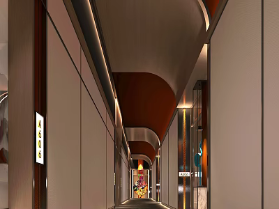 Modern Hotel Corridor Interior With Warm Lighting And Wooden Accent Walls 3d model