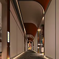 Modern Hotel Corridor Interior With Warm Lighting And Wooden Accent Walls