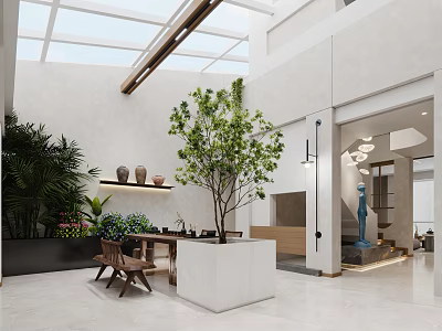 Serene Tea Room Interior With Skylight Large Tree Greenery Wooden Table Chairs And Decorative Vases 3d model