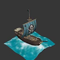Pirate Ship With Blue Sail Skull and Crossbones Flag Wooden Hull on Waves