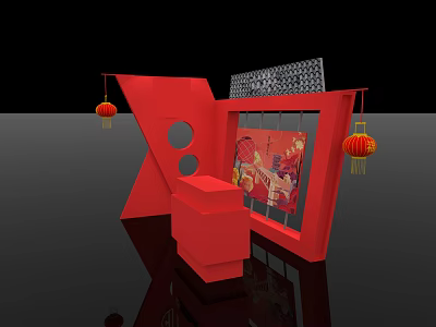 Red Exhibition Booth Design With Chinese Lanterns Counter And Decorative Painting 3d model
