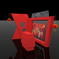 Red Exhibition Booth Design With Chinese Lanterns Counter And Decorative Painting