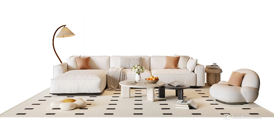 Minimalist White Sofa and Coffee Table Set with Floor Lamp Pillows Throw Blanket and Rug 3d model 
