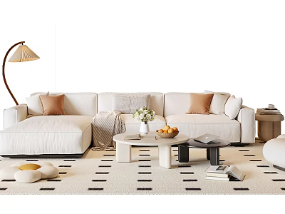 Minimalist White Sofa and Coffee Table Set with Floor Lamp Pillows Throw Blanket and Rug 3d model