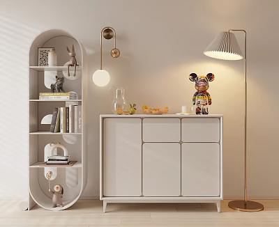 White Entryway Console Cabinet And Side Cabinet With Arched Design Decorative Items And Floor Lamp 3d model