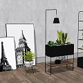 Modern Decorative Shelving Unit with Potted Plants Artwork Floor Lamp and Wooden Floor