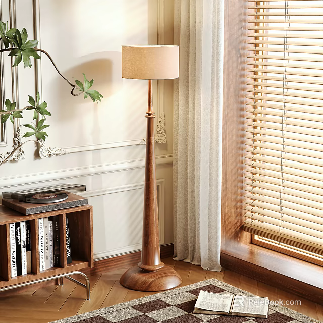 Elegant Floor Lamp With Wooden Base Beige Shade Near Bookshelf Window Blinds And Plant 3d model 