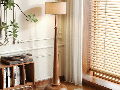 Elegant Floor Lamp With Wooden Base Beige Shade Near Bookshelf Window Blinds And Plant 3d model
