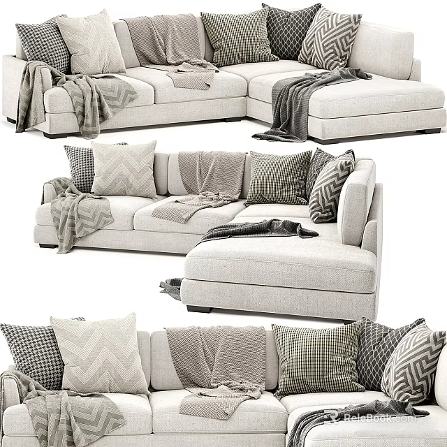 Stylish Sectional Sofa Design With Plush Cushions Decorative Pillows And Cozy Blankets 3d model 