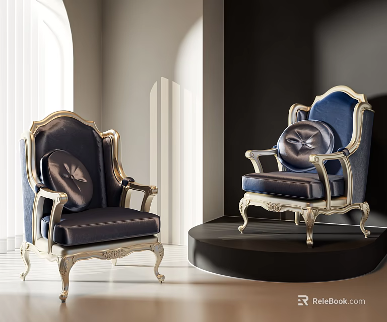 Elegant Dark Blue Armchair With Gold Frame And Ornate Details In Modern Interior 3d model 