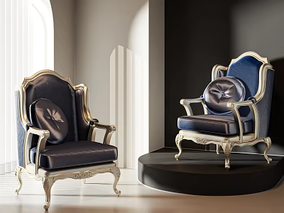 Elegant Dark Blue Armchair With Gold Frame And Ornate Details In Modern Interior 3d model