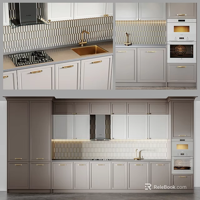 Modern Kitchen Interior Featuring Gray Cabinets Striped Tile Backsplash Cooktop And Oven 3d model