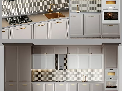 Modern Kitchen Interior Featuring Gray Cabinets Striped Tile Backsplash Cooktop And Oven 3d model