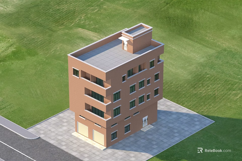 Brown Exterior Multi Storey Detached Villa With Windows Roof And Green Lawn 3d model 