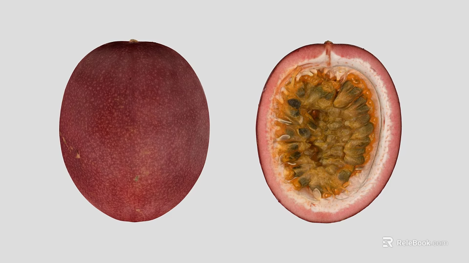 Whole Deep Red Passion Fruit and Halved with Orange Yellow Pulp and Green Seeds 3d model 