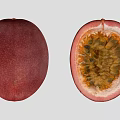 Whole Deep Red Passion Fruit and Halved with Orange Yellow Pulp and Green Seeds