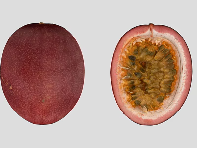 Whole Deep Red Passion Fruit and Halved with Orange Yellow Pulp and Green Seeds 3d model