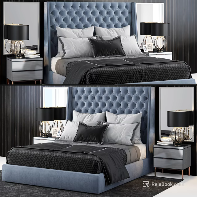 Elegant Double Bed Interior With Tufted Headboard Gray Black Pillows And Nightstands 3d model