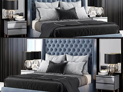 Elegant Double Bed Interior With Tufted Headboard Gray Black Pillows And Nightstands 3d model