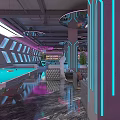 Modern Bar Interior With Neon Lights Bar Counter Black Stools Drinks Shelves And Green Plants
