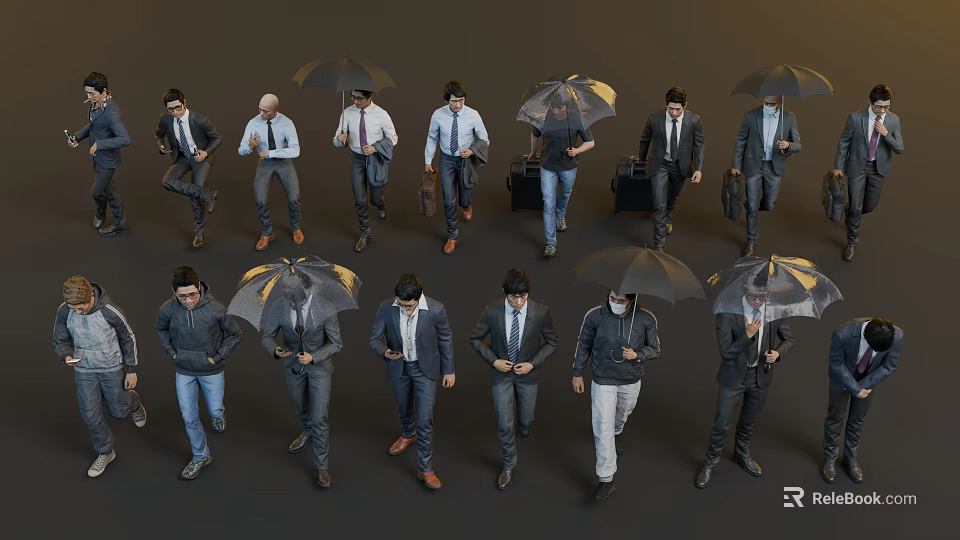 Group of People Walking with Umbrellas in Different Clothing Styles 3d model 