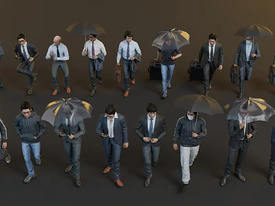 Group of People Walking with Umbrellas in Different Clothing Styles 3d model