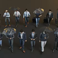Group of People Walking with Umbrellas in Different Clothing Styles