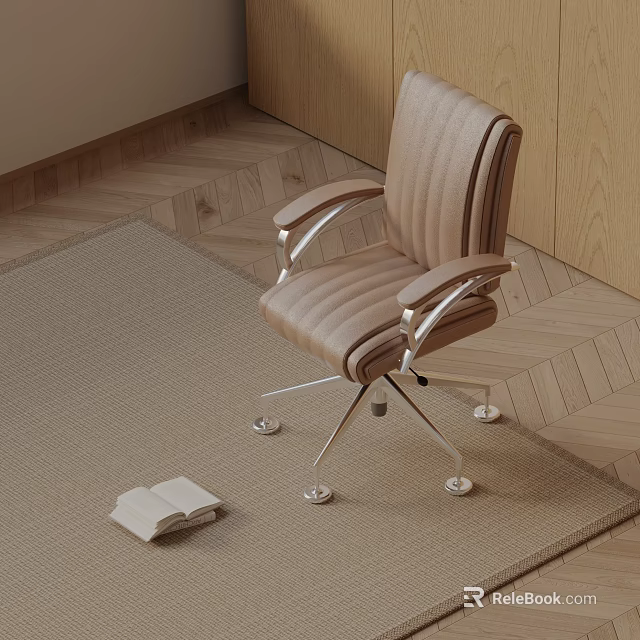Light Brown Massage Chair With Silver Metal Arms Wheels Rug Near Open Book Wooden Floor 3d model 
