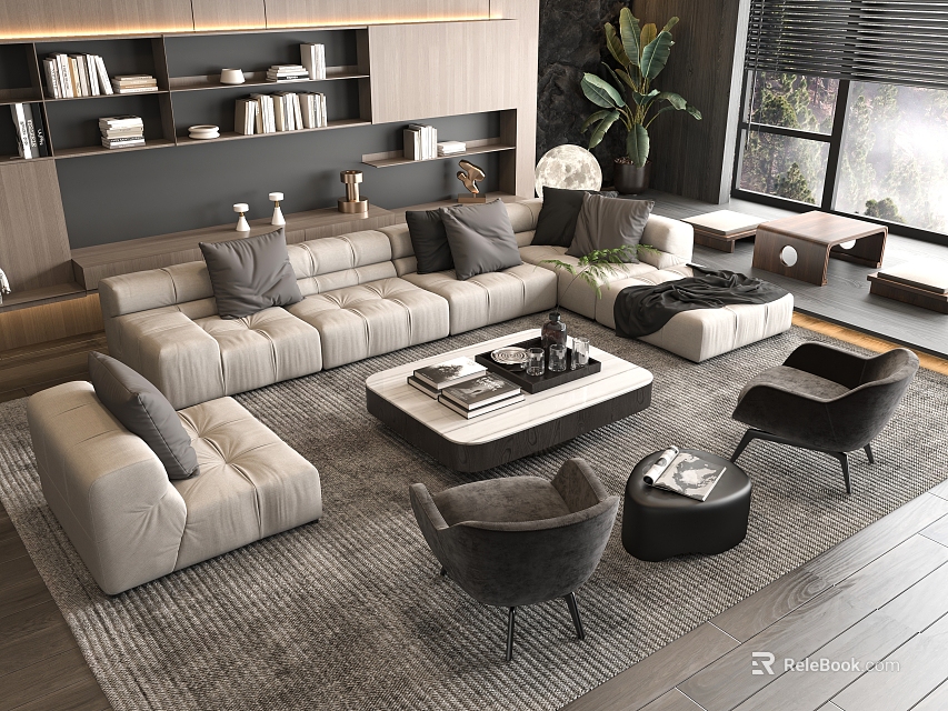 Modern Light Gray Sofa and Coffee Table Set with Accent Chairs and Area Rug 3d model 