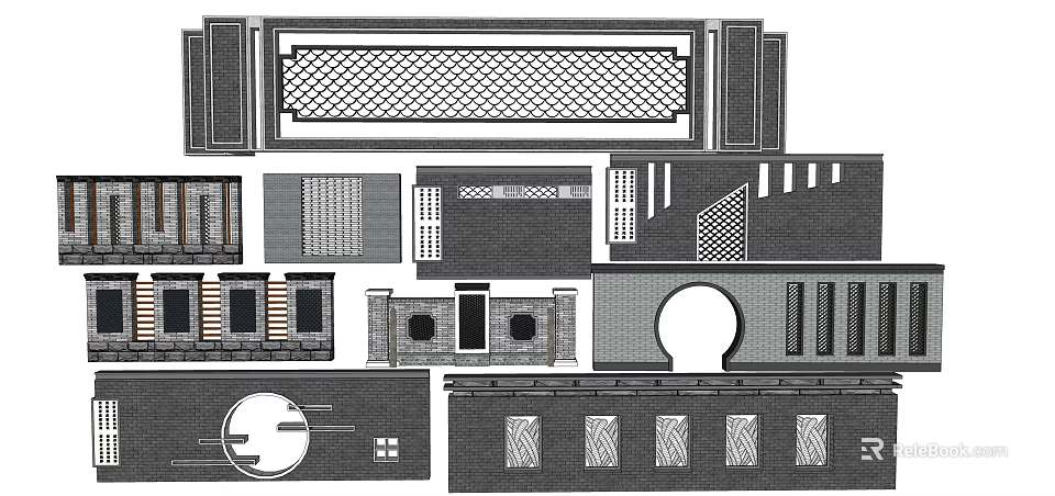 Garden Wall Various Decorative Designs With Grid Patterns Circular Openings And Textured Panels 3d model