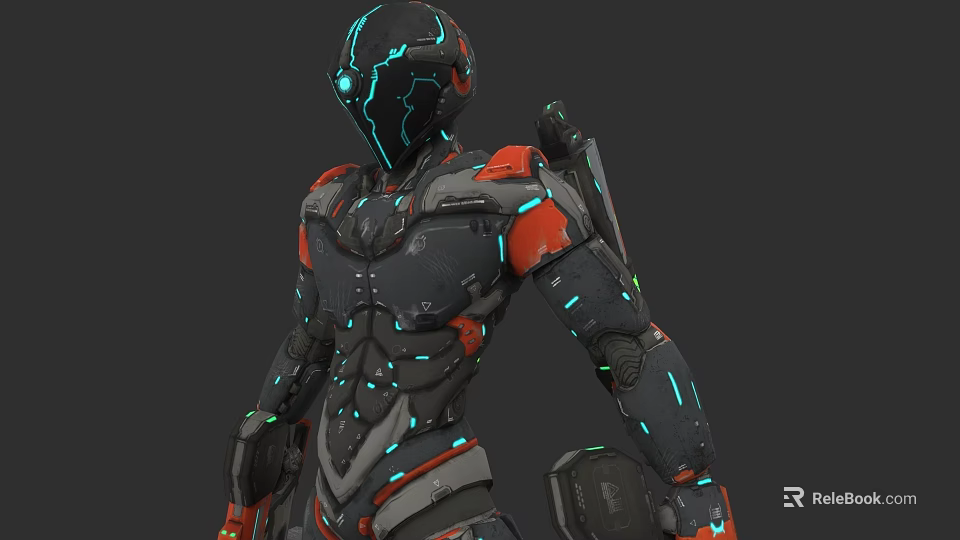 Game And Movie Character In Futuristic Cybernetic Armor With Red Black And Neon Blue Lights 3d model 