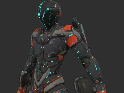 Game And Movie Character In Futuristic Cybernetic Armor With Red Black And Neon Blue Lights 3d model