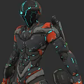 Game And Movie Character In Futuristic Cybernetic Armor With Red Black And Neon Blue Lights