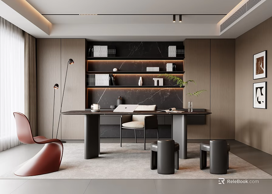 Modern Study Room Interior Design With Dark Bookshelf Wooden Desk And Green Plant 3d model 