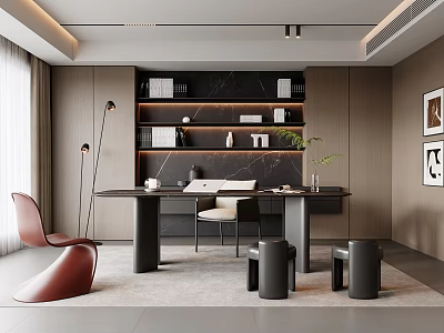 Modern Study Room Interior Design With Dark Bookshelf Wooden Desk And Green Plant 3d model