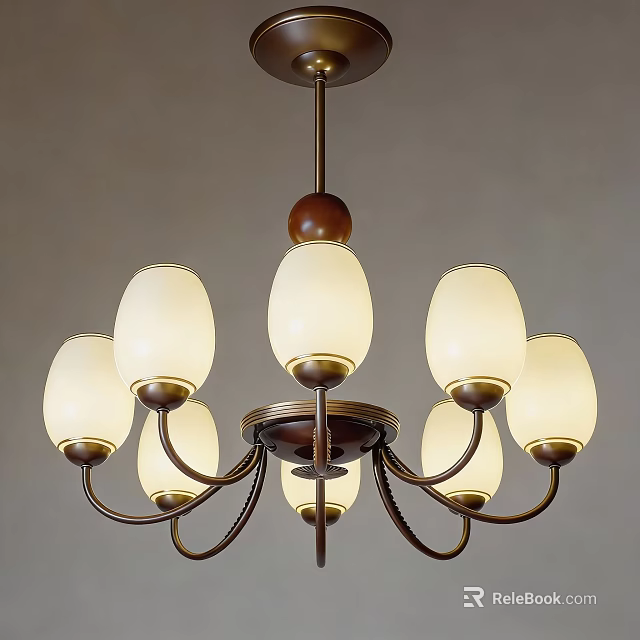 Vintage Chandelier With Multiple Frosted Glass Shades And Brass Frame Accents 3d model 