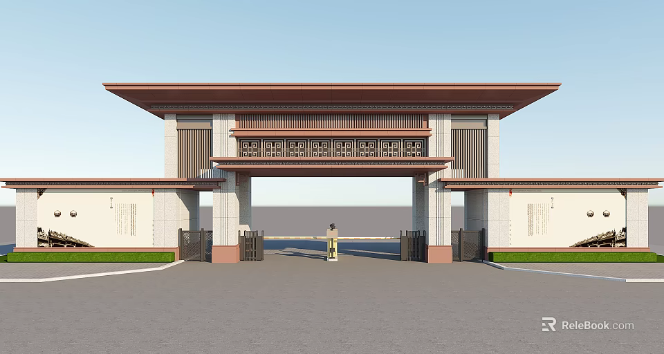Traditional Chinese Entrance Gate With Ornamental Grille Symmetric Walls And Front Open Roadway 3d model 