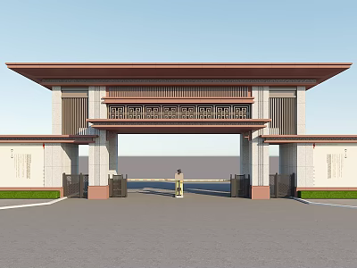 Traditional Chinese Entrance Gate With Ornamental Grille Symmetric Walls And Front Open Roadway 3d model