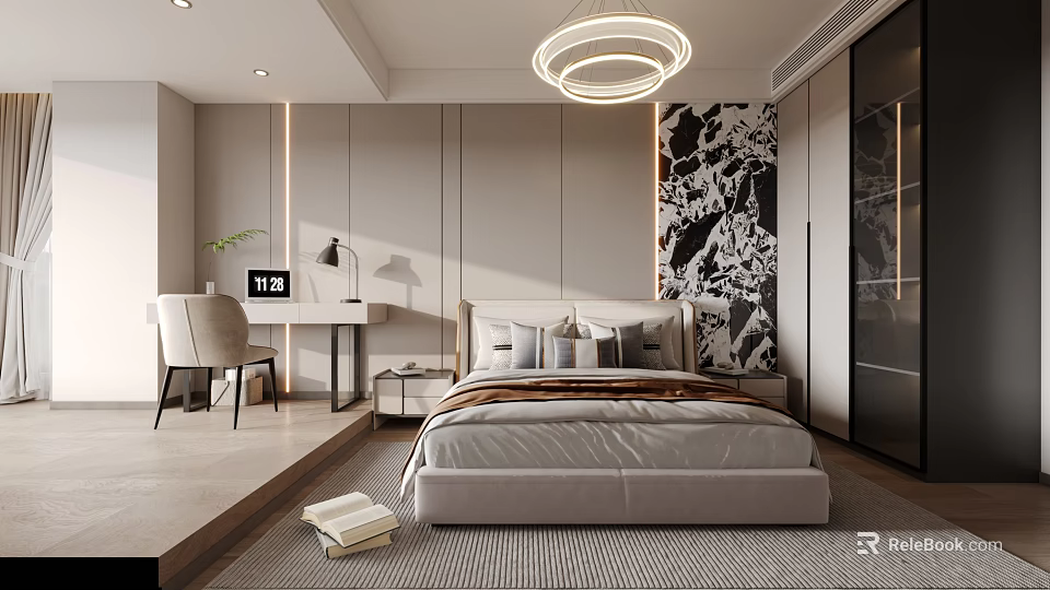 Modern Bedroom Interior Design With Bed Nightstand Desk And Chair Marble Wall Art Ceiling Light 3d model 