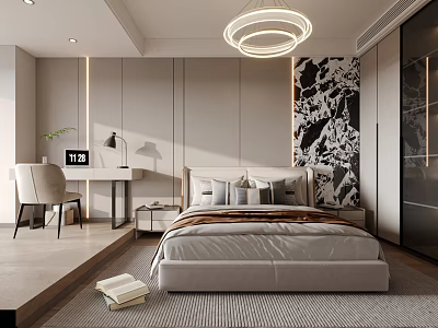 Modern Bedroom Interior Design With Bed Nightstand Desk And Chair Marble Wall Art Ceiling Light 3d model