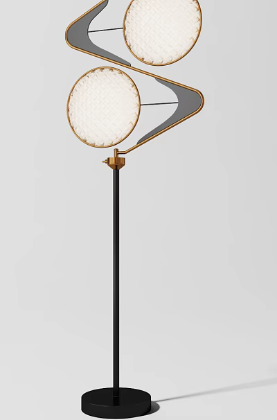 Modern Floor Lamp With Circular White Shade Black Pole And Gold Metal Details 3d model