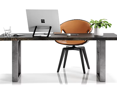 Modern Office Desk With Laptop Transparent Pen Holder Green Plant And Brown Chair 3d model