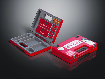 Red AED Emergency Kit Open Case Design With Internal Compartments And Labels 3d model